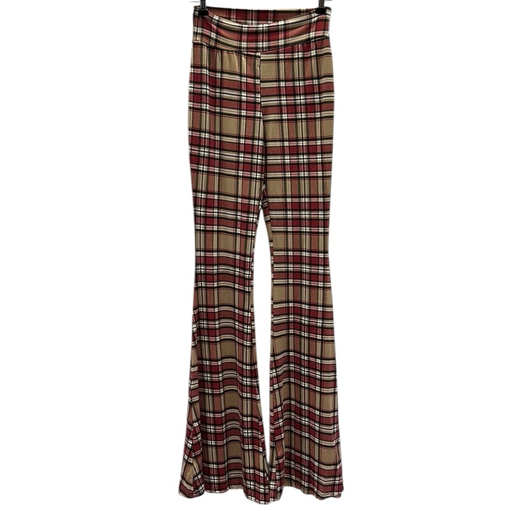 Plaid Flare Pull On Stretch Legging Pants Womens Small Tan Burgundy Black